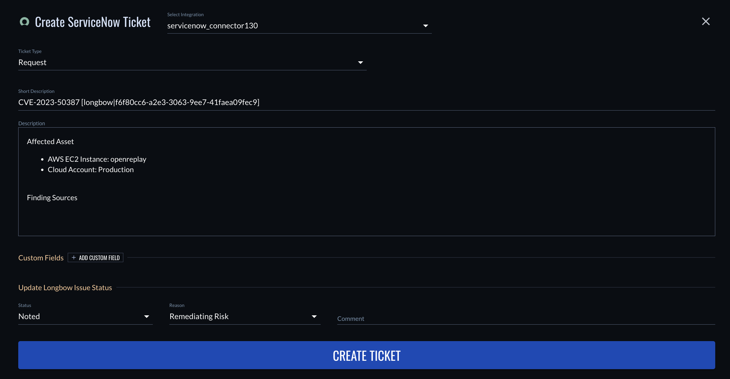 Create ServiceNow Ticket for issue
