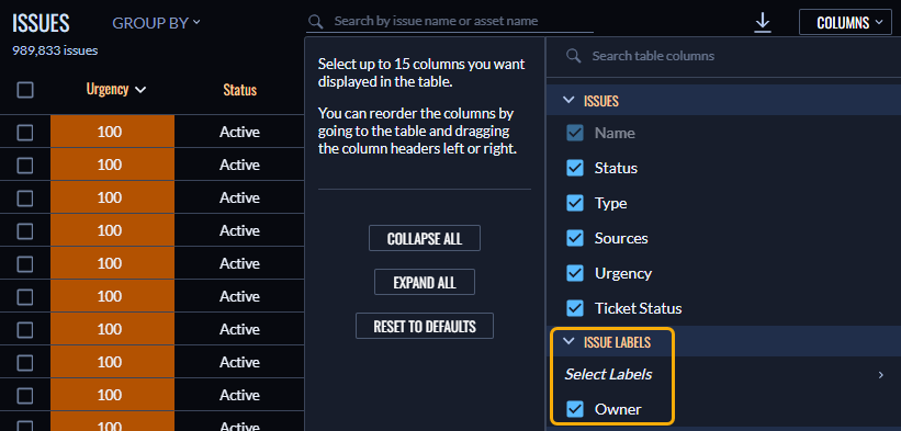 Labels column filter