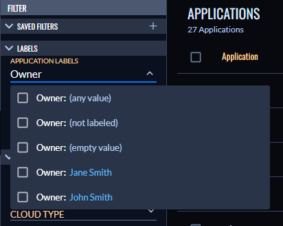Labels filter menu