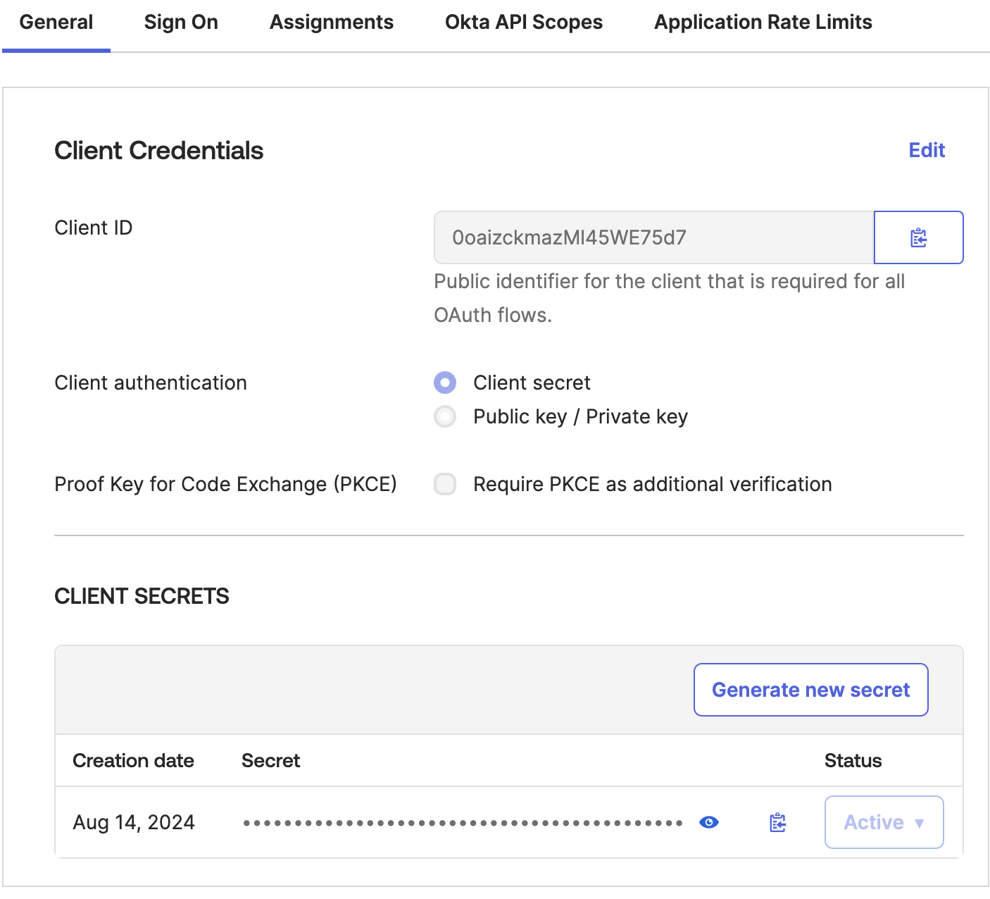 Client Credentials page