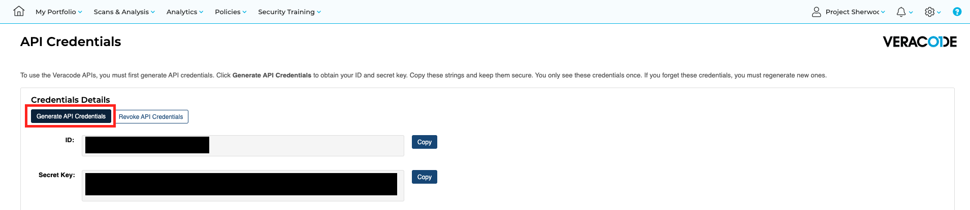 Veracode generate credentials