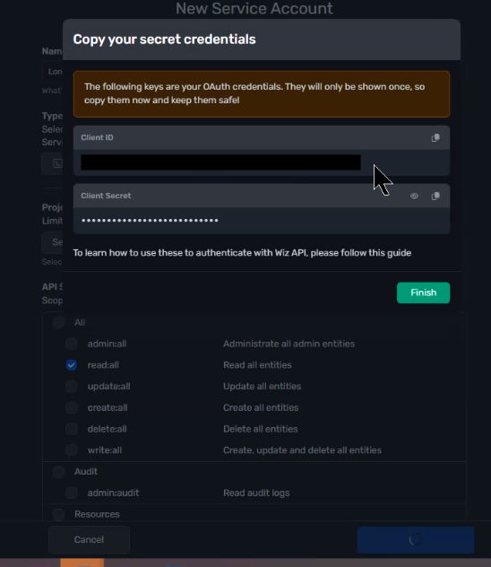 Wiz client credentials